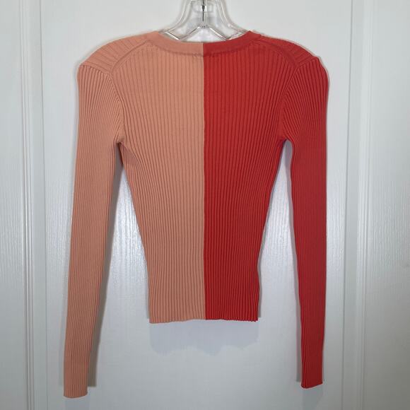 Staud Ribbed Colorblock Two Tone Cardigan Cargo Sweater Fitted Coral Pink XS - Picture 5 of 5